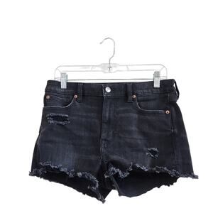 American Eagle Black Jean Shorts High Rise Shortie Distressed Frayed Hem Size 8